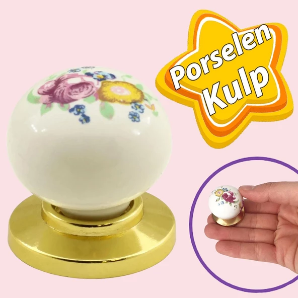 Kardelen Gerçek Porselen Düğme Gold Altın Çekmece Dolap Kapak Kulpu Kulbu Porselen Kulp ürün görseli 1