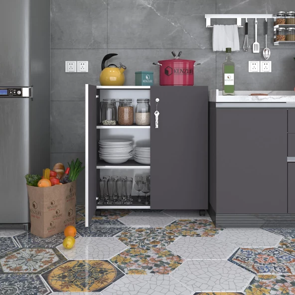 Kenzlife 2 kapılı dolap çilem 088*070*032 gri kilitli tekerlekli banyo mutfak ofis kitaplık ayakkabılık kiler ürün görseli 1