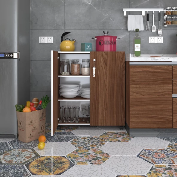 Kenzlife 2 kapılı dolap çilem 088*070*032 cvz kilitli tekerlekli banyo mutfak ofis kitaplık ayakkabılık kiler ürün görseli 1