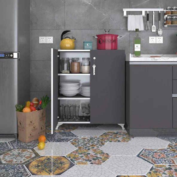 Kenzlife 2 kapılı dolap çilem 088*070*032 gri kilitli ayaklı banyo mutfak ofis kitaplık ayakkabılık kiler ürün görseli 1