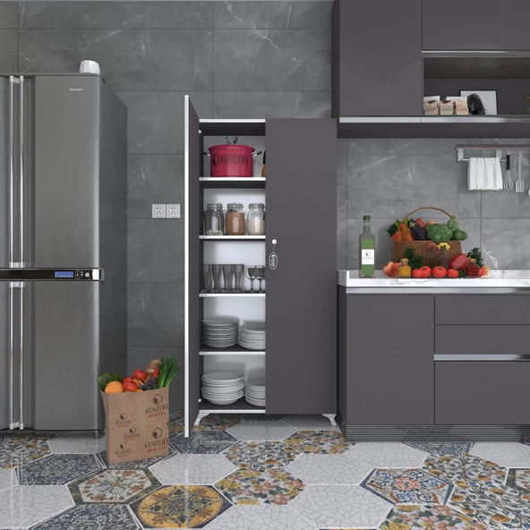 Kenzlife 2 kapılı dolap çilem 188*090*032 gri kilitli ayaklı banyo mutfak ofis kitaplık ayakkabılık kiler ürün görseli 1