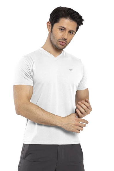 Waffle - Erkek Beyaz V Yaka Spor T-shirt - 7130-08 ürün görseli 1