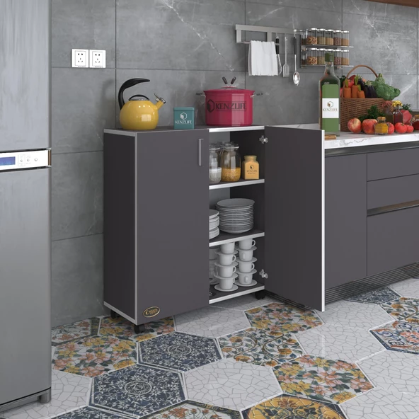 Kenzlife 2 kapılı dolap rabia 088*070*032 gri kapaklı tekerlekli banyo mutfak ofis kitaplık ayakkabılık kiler ürün görseli 1