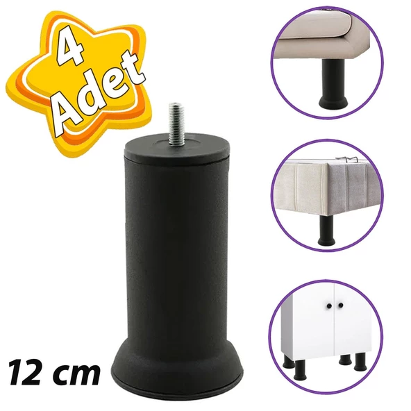 4 Adet Metal Destek Ayağı 12 Cm Siyah Mobilya Kanepe Baza Koltuk Ayakları Metrik 8 Civatalı İnce Diş ürün görseli 1