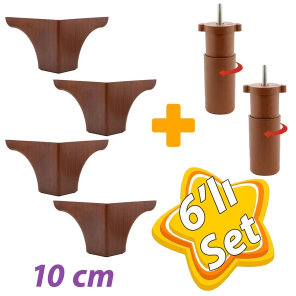 Açelya 6'Lı Set 10 cm Ceviz Mobilya Ünite Çekyat Koltuk Kanepe Ayağı 9.5 x 14.5 cm Ayarlı M8 Destek Baza Ayak ürün görseli 1