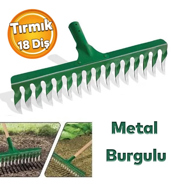 Metal Burgulu Bahçe Tarla Tırmık 18 Diş Çim Peyzaj Yaprak Ot Saman Temizleme Toprak İşleme Tırmığı ürün görseli 1