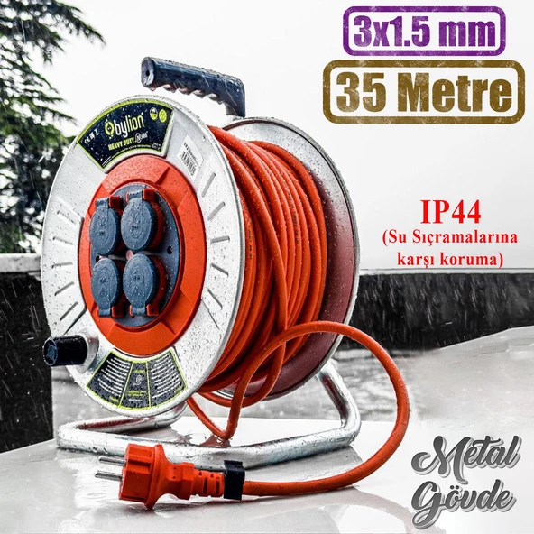 Makaralı Seyyar Kablo Kapaklı 4 Prizli Metal Uzatma Kablosu 3x1.5 mm TTR Kablo 35 Metre ürün görseli 1