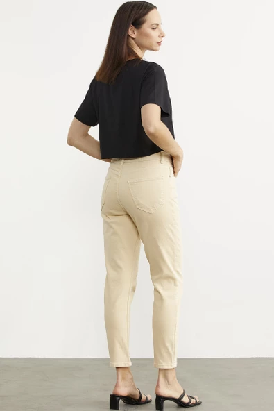 Likralı Fit Mom Jean - Bej - Resim 6