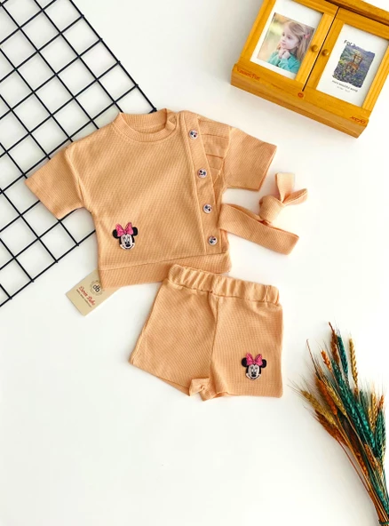 Naffa Baby Petek Kumaş Minnie Kabartma Desen Saç Bantlı Yazlık Takım Somon ürün görseli 1