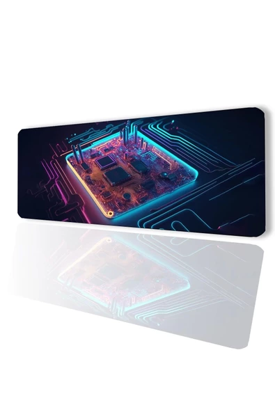 SonicTouch Neon Işıklı Çip Devre Kaymaz Gaming Oyuncu Masaüstü Dikişsiz Mavi Pembe Klavye Mouse Pad 32x70Cm ürün görseli 1