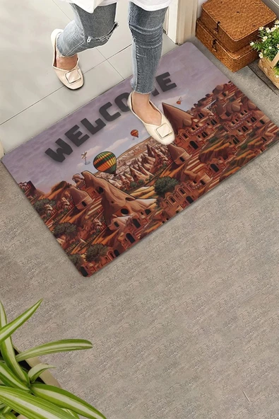 Valerine Life Kapadokya, Peri Bacaları ve Balon Temalı Welcome Kapı Önü Paspası 45x70cm ürün görseli 1