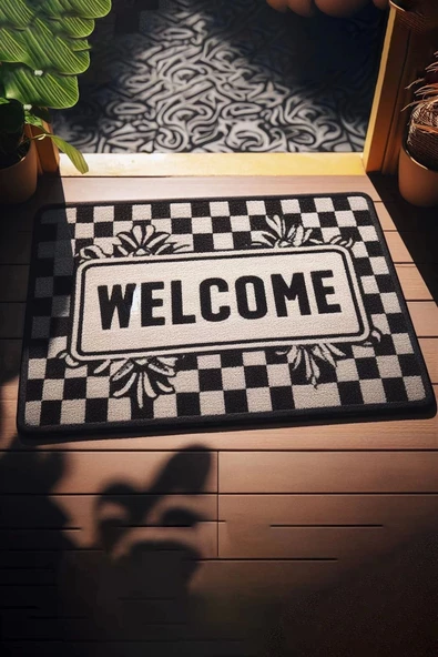 Valerine Life Dama ve Yaprak Desenli Siyah Beyaz Welcome Kapı Önü Paspası 45x70cm ürün görseli 1