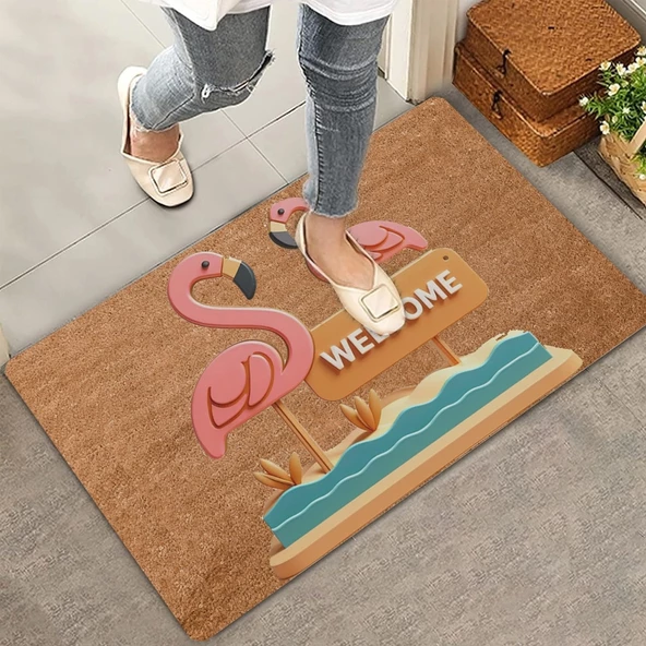 Valerine Life Pembe Flamingo Çifti Welcome Kapı Önü Paspası 45x70cm ürün görseli 1