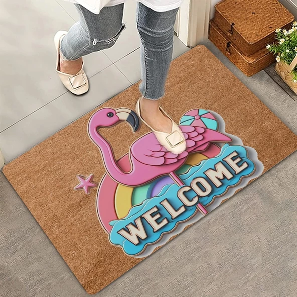 Valerine Life Gökkuşağı ve Flamingo Welcome Kapı Önü Paspası 45x70cm ürün görseli 1
