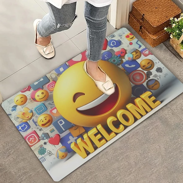 Valerine Life Gülen Surat Emoji Welcome Kapı Önü Paspası 45x70cm ürün görseli 1