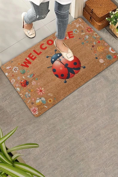 Valerine Life Kırmızı Uğur Böceği Welcome Kapı Önü Paspası 45x70cm ürün görseli 1