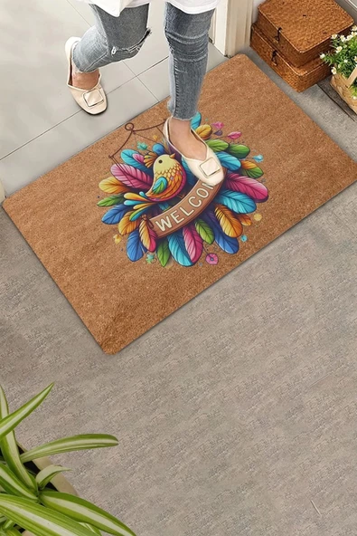 Valerine Life Renkli Tüyler ve Kuş Temalı Welcome Kapı Önü Paspası 45x70cm ürün görseli 1