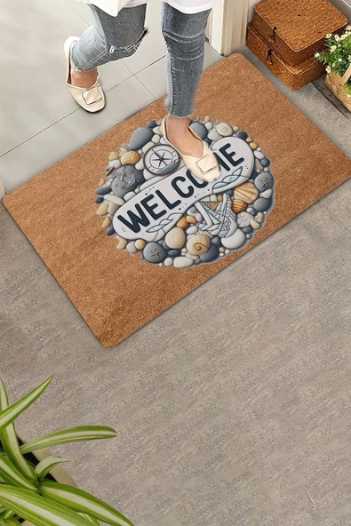 Valerine Life Çakıl Taşları ve Pusula Welcome Kapı Önü Paspası 45x70cm ürün görseli 1