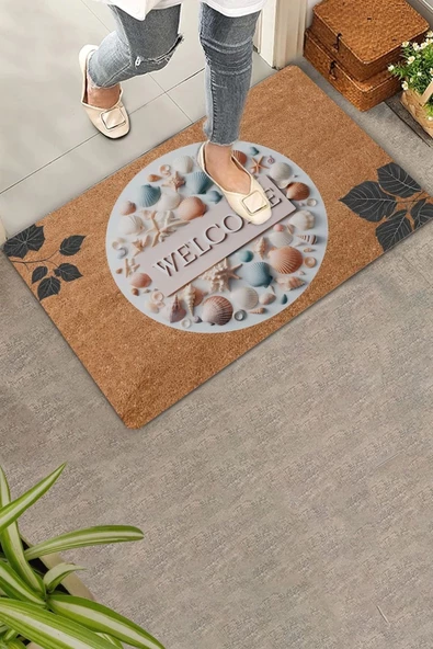 Valerine Life Midye Kabuklu ve Yaprak Desenli Welcome Kapı Önü Paspası 45x70cm ürün görseli 1