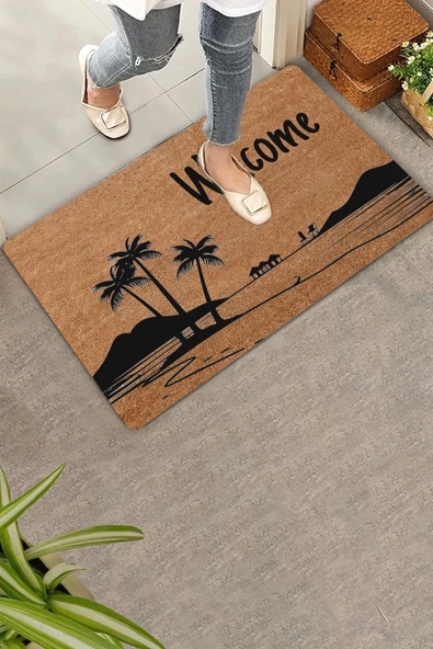 Valerine Life Palmiye Ağaçlı Dağ Manzaralı Welcome Kapı Önü Paspası 45x70cm ürün görseli 1