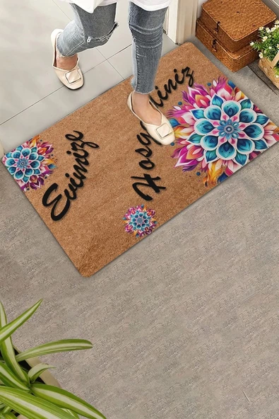 Valerine Life Mandala Mavi Çiçek Evimize Hoş Geldiniz Kapı Önü Paspası 45x70cm ürün görseli 1