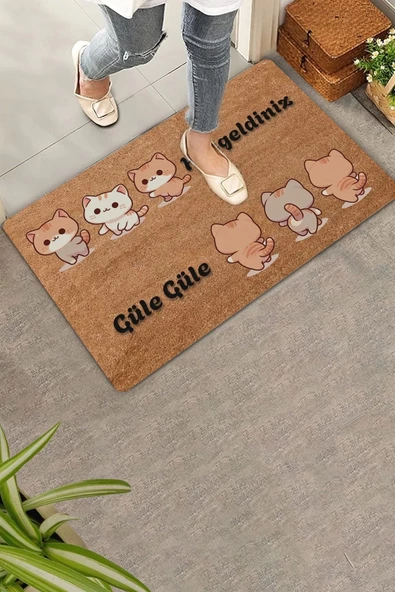 Valerine Life Üçlü Sevimli Yavru Kediler Hoş Geldiniz ve Güle Güle Kapı Önü Paspası 45x70cm ürün görseli 1