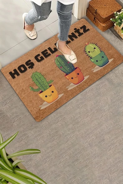 Valerine Life Sevimli Kaktüsler Hoş Geldiniz Kapı Önü Paspası 45x70cm ürün görseli 1