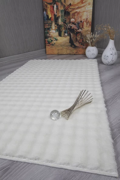 Dekoratif Bubble Uzun Tüylü Yumuşak Puffy Peluş Kaymaz Yıkanabilir Salon Koridor Halı Yolluk Krem ürün görseli 1