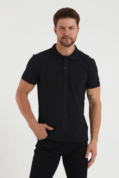 Erkek Regular Fit Polo Yaka Nakışlı T-shirt  Siyah ürün görseli 1