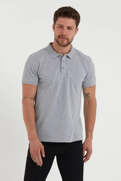 Erkek Regular Fit Polo Yaka Nakışlı T-shirt  Gri Melanj ürün görseli 1