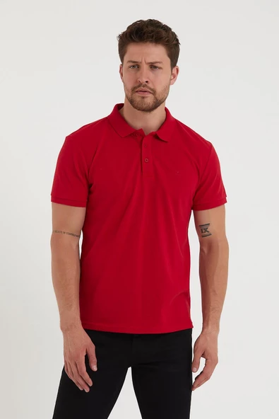 Erkek Regular Fit Polo Yaka Nakışlı T-shirt  Kırmızı ürün görseli 1