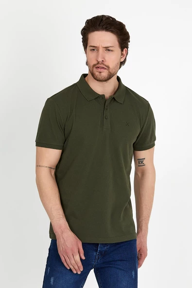 Erkek Regular Fit Polo Yaka Nakışlı T-shirt  Haki ürün görseli 1