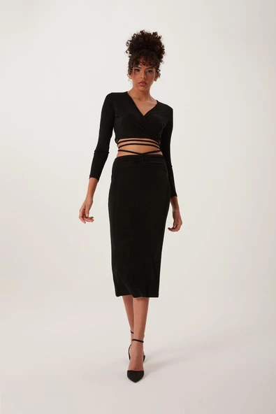 Çapraz Bağcıklı Kruvaze Crop top Siyah - Resim 2