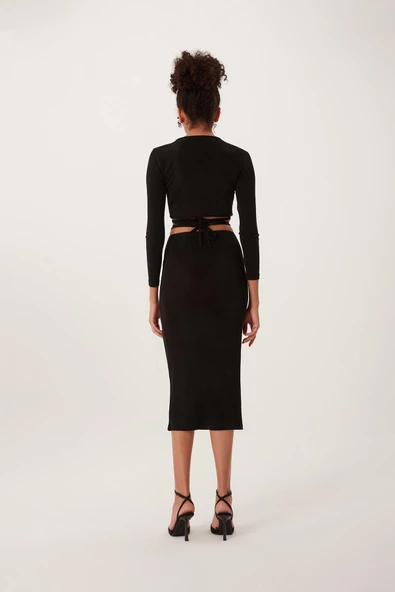 Çapraz Bağcıklı Kruvaze Crop top Siyah - Resim 4