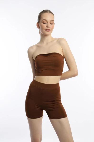 Kadın Allegro Kumaş Askısız Crop Top Kahverengi ürün görseli 1