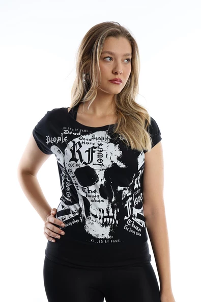 Kadın Kuru Kafa Baskılı Geniş Yakalı T-shirt  Siyah ürün görseli 1