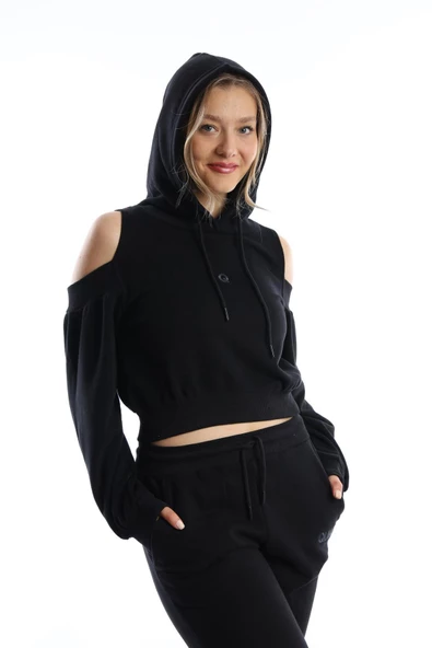 Kadın Kapüşonlu Omuz Dekolteli Sweatshirt Siyah - Resim 2