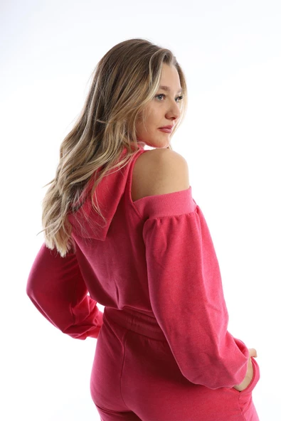 Kadın Kapüşonlu Omuz Dekolteli Sweatshirt Pembe - Resim 5