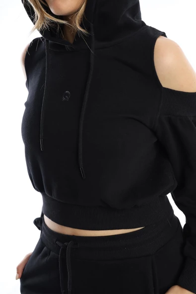 Kadın Kapüşonlu Omuz Dekolteli Sweatshirt Siyah - Resim 4