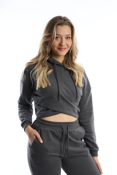 Kadın Kruvaze Detaylı Kapüşonlu Crop Sweat Antrasit ürün görseli 1