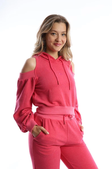 Kadın Kapüşonlu Omuz Dekolteli Sweatshirt Pembe - Resim 2