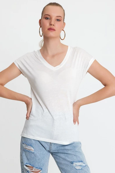 Kadın Bambu Kumaş V Yaka T-shirt Beyaz ürün görseli 1
