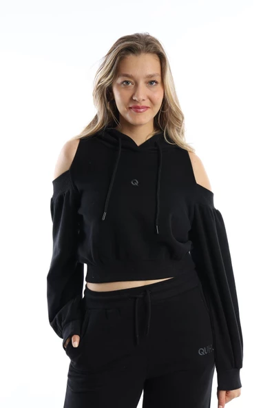 Kadın Kapüşonlu Omuz Dekolteli Sweatshirt Siyah ürün görseli 1