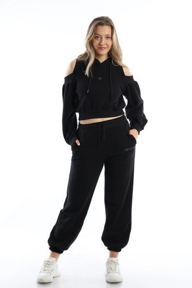 Kadın Kapüşonlu Omuz Dekolteli Sweatshirt Siyah - Resim 3