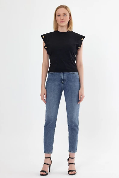 Kadın Basic Geniş Kol T-shirt Siyah - Resim 4