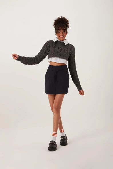 Kadın Triko Crop Sweatshirt Antrasit - Resim 2