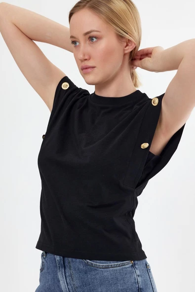 Kadın Basic Geniş Kol T-shirt Siyah - Resim 2