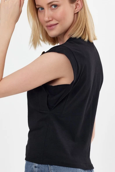 Kadın Basic Geniş Kol T-shirt Siyah - Resim 5