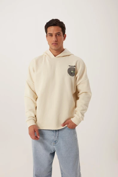 Erkek Oversize Baskılı Sweatshirt Ekru - Resim 3