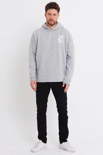 Erkek Oversize Baskılı Sweatshirt Gri Melanj - Resim 2